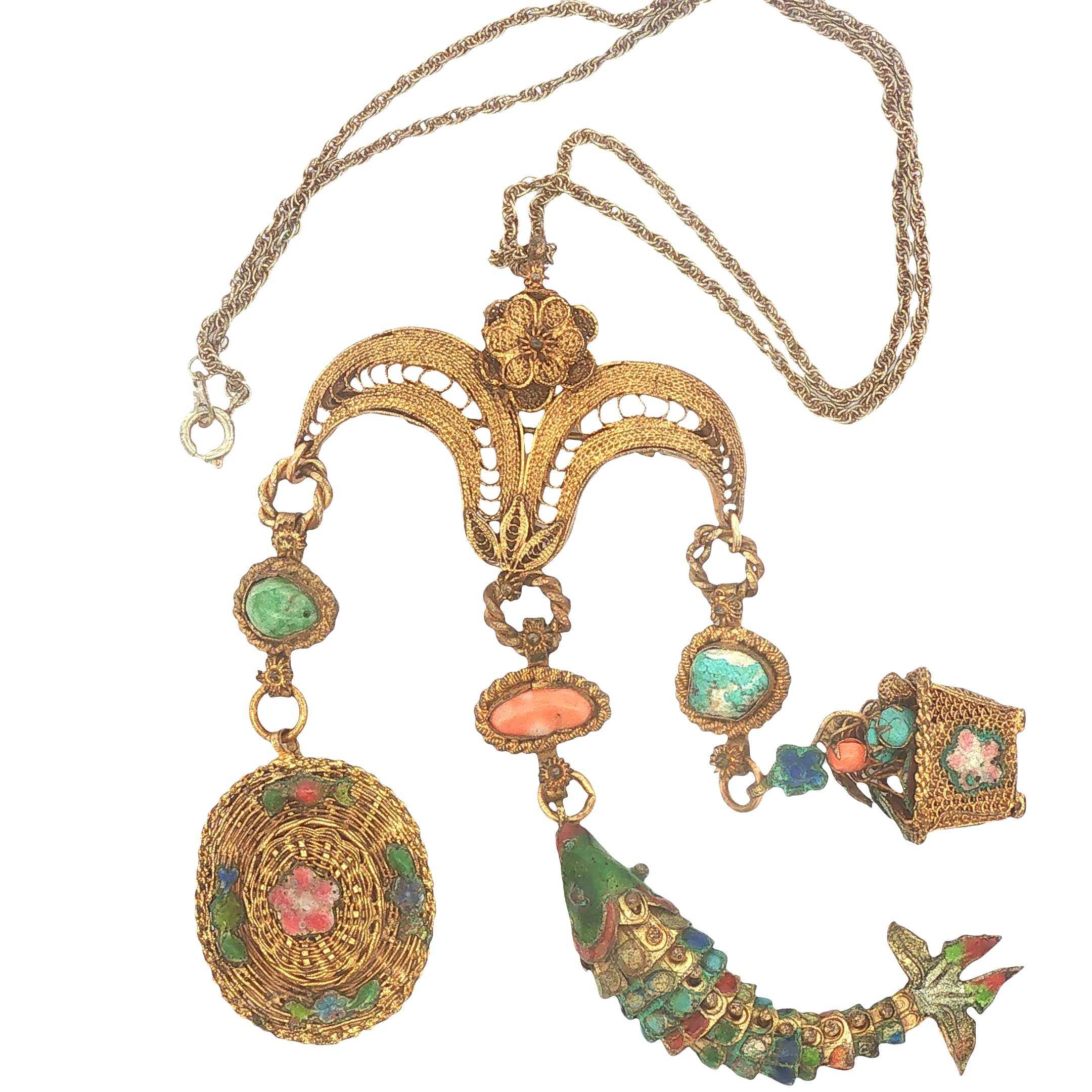 Decorative Brass and Cloisonne Charm Necklace