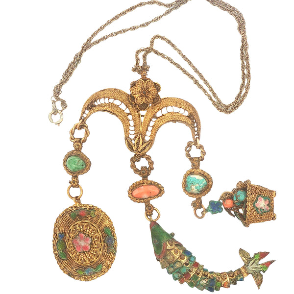 Decorative Brass and Cloisonne Charm Necklace