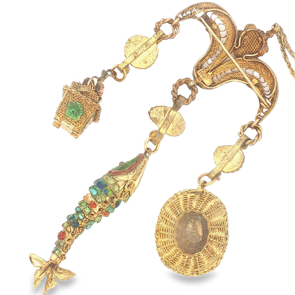 Decorative Brass and Cloisonne Charm Necklace