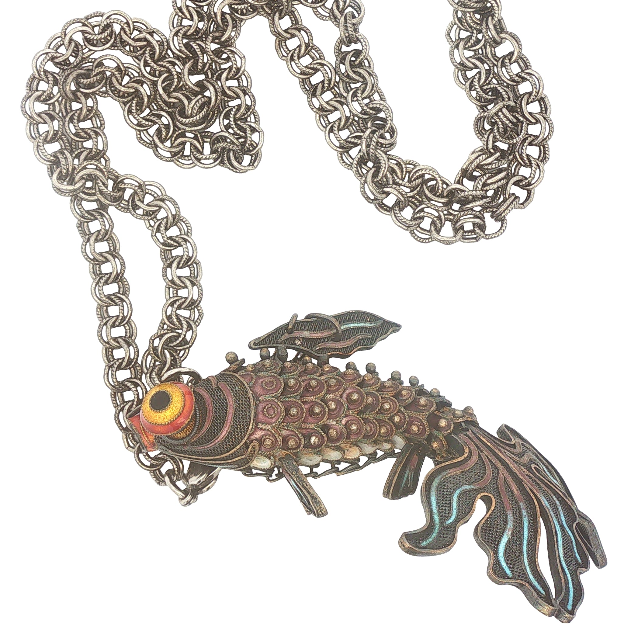 Vintage Silver Articulated Fish with Enamel Pendant on Chain
