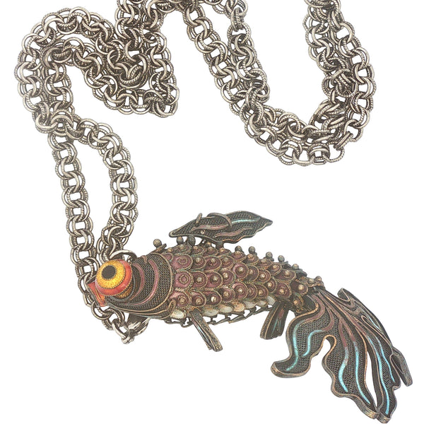 Vintage Silver Articulated Fish with Enamel Pendant on Chain