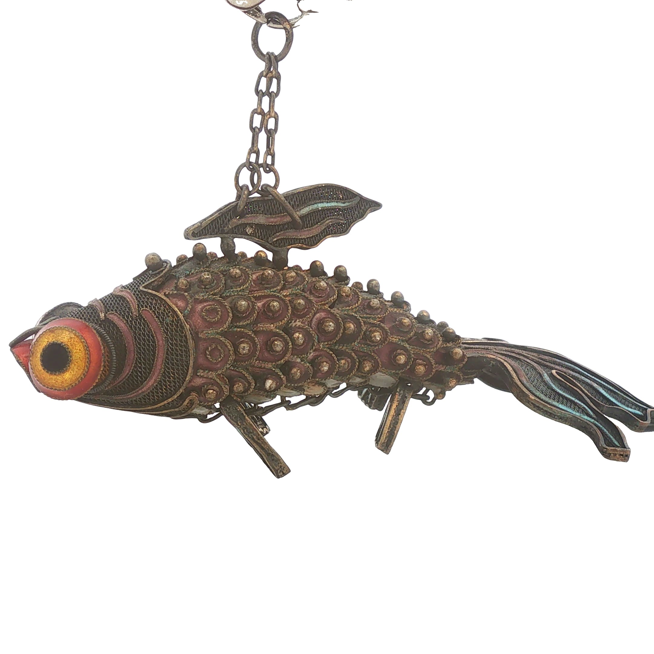 Vintage Silver Articulated Fish with Enamel Pendant on Chain