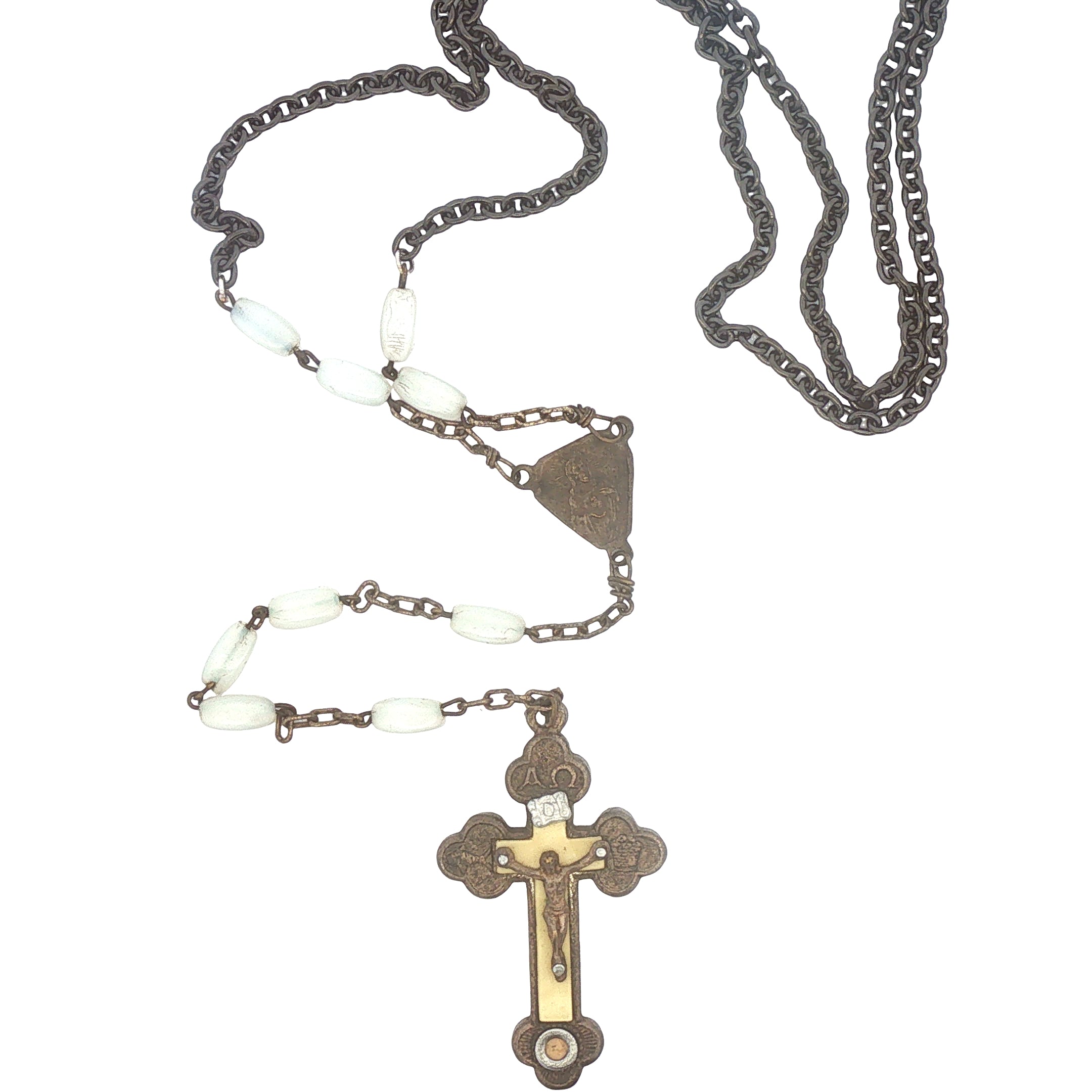 Upcycled Vintage Rosary Necklace with Black Stainless Chain