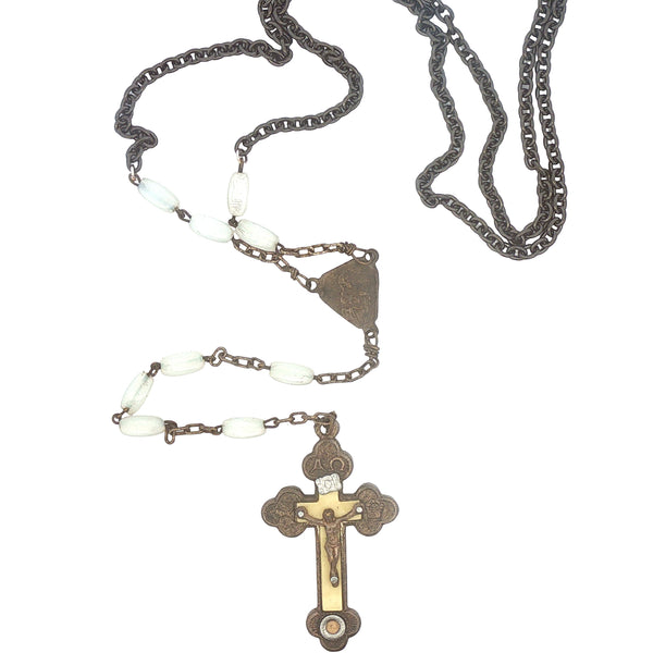 Upcycled Vintage Rosary Necklace with Black Stainless Chain