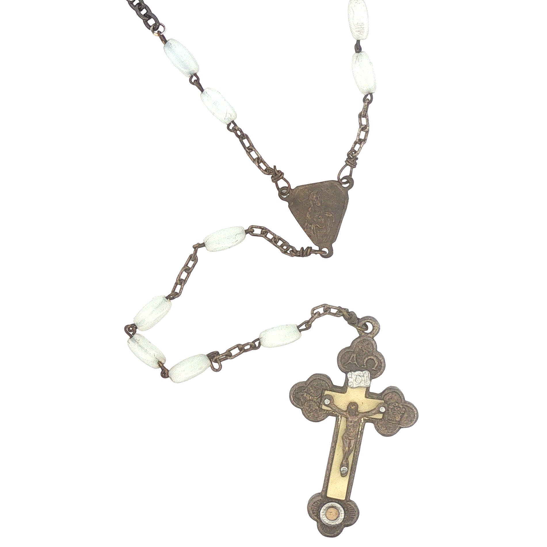 Upcycled Vintage Rosary Necklace with Black Stainless Chain