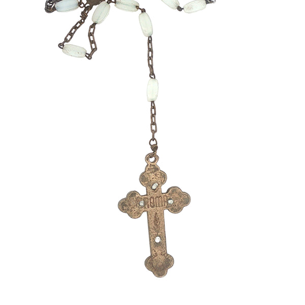 Upcycled Vintage Rosary Necklace with Black Stainless Chain