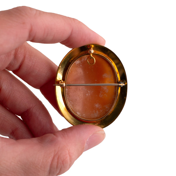 14K Gold Shell Cameo Brooch with Engraved Frame