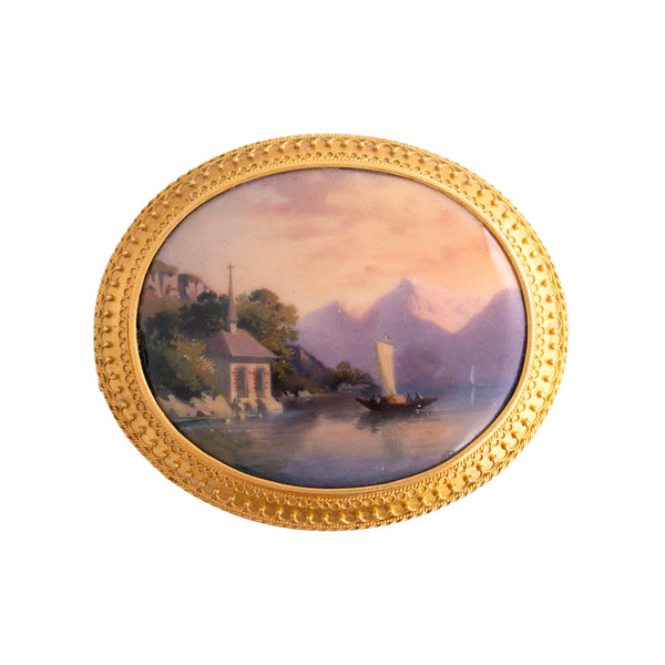 Antique Enameled Swiss Scene Brooch