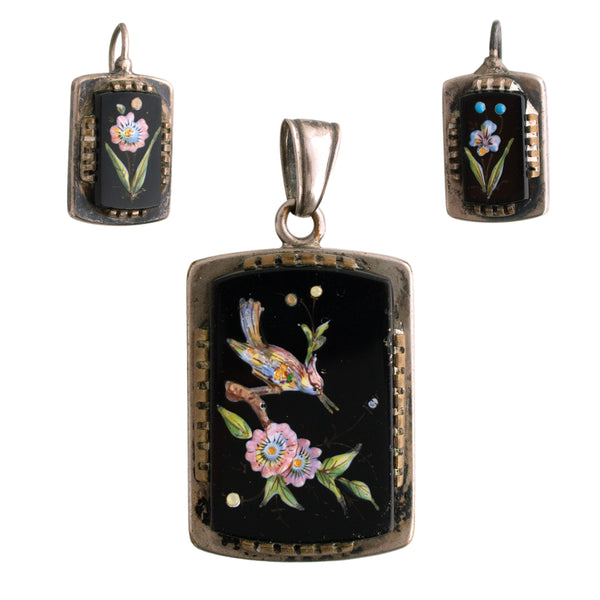 Antique Hand Painted Glass Locket and Earring Set