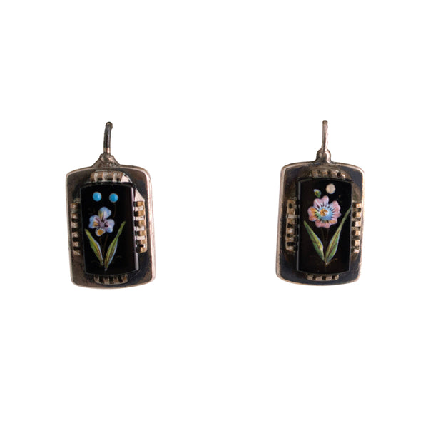 Antique Hand Painted Glass Locket and Earring Set
