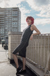 Black Textured Side Zipper Midi Dress