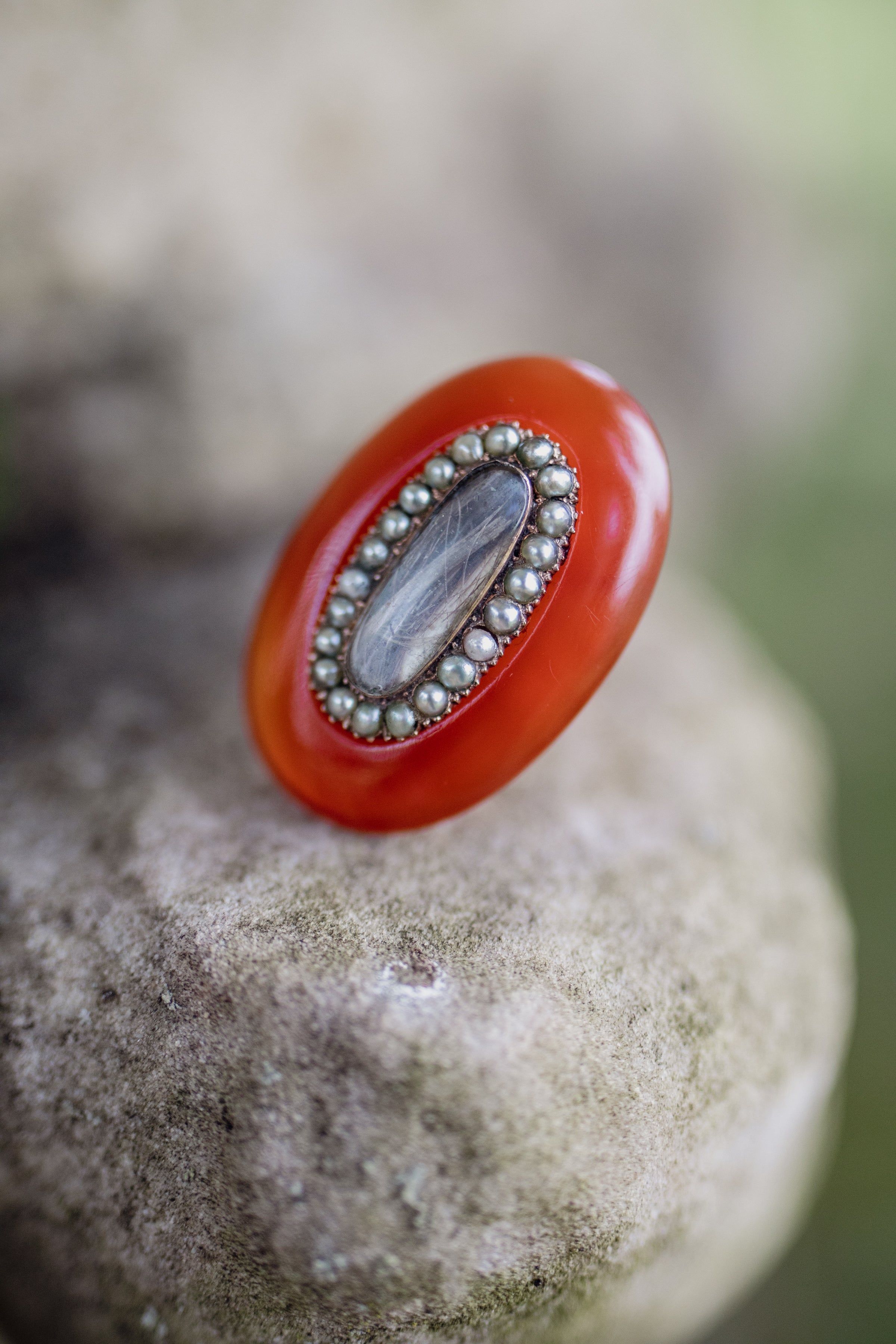 14K Gold Carnelian and Pearl Hair Mourning Ring
