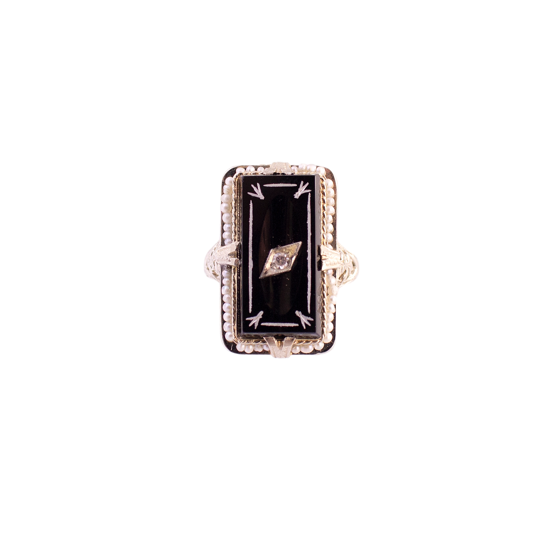 Antique Onyx Engraved Filigree Ring