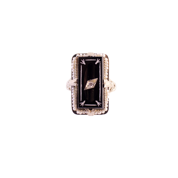 Antique Onyx Engraved Filigree Ring